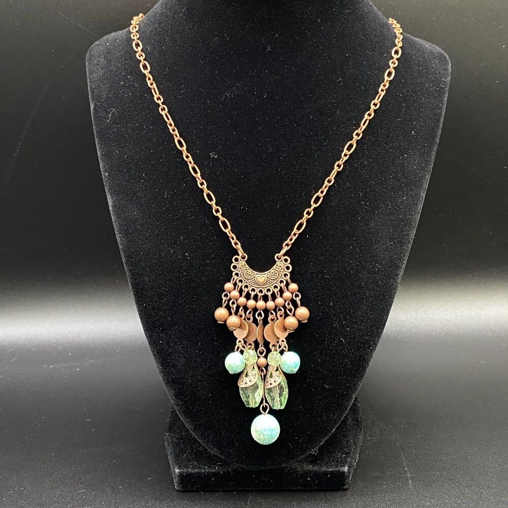 Aged Copper Tone Crescent Pendant with Green Plastic Beads